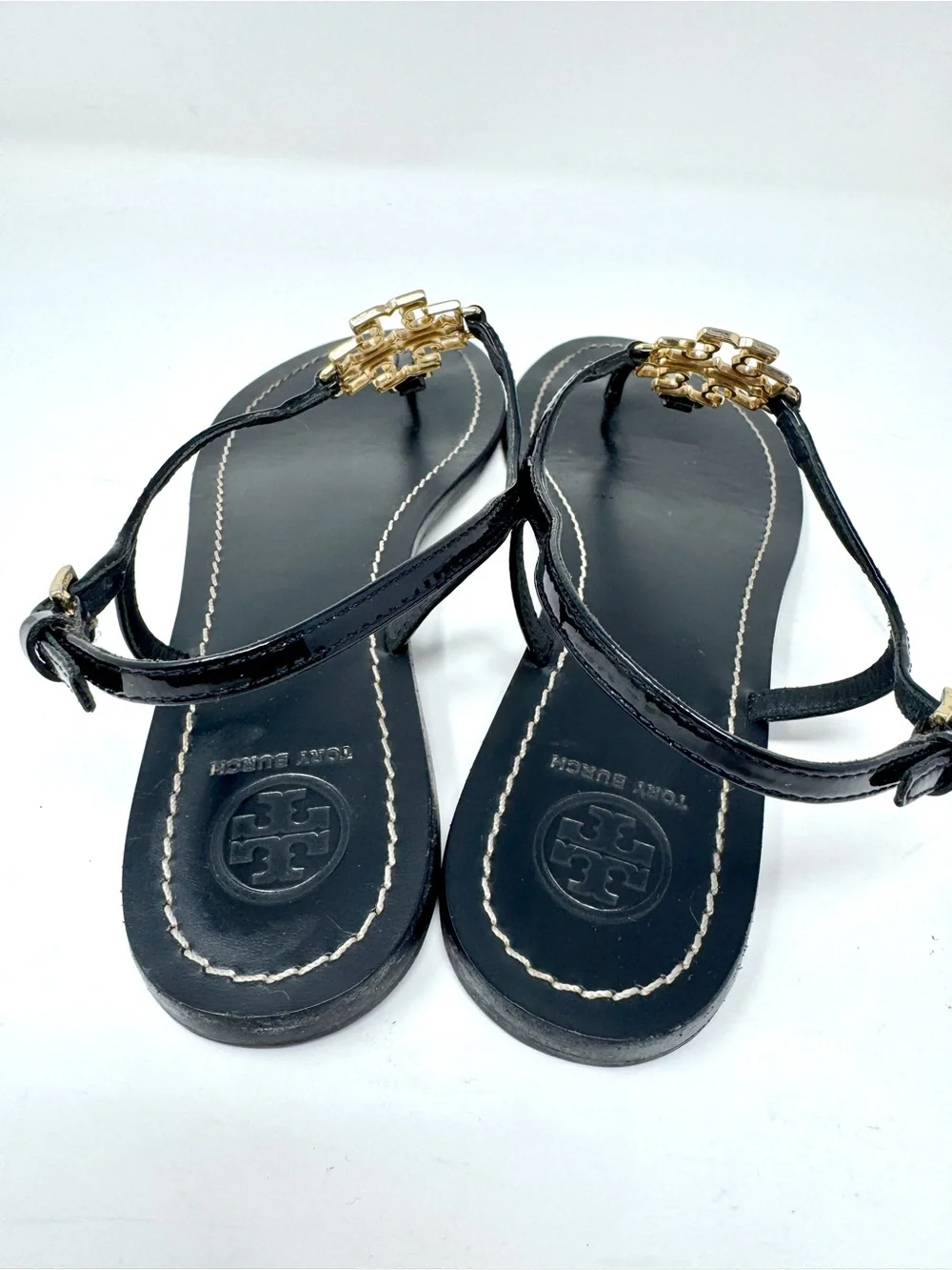 Tory Burch Capri Strap Sandal Black Leather with Gold Logo Accent